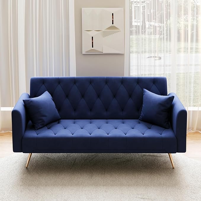 Anwick 72 Modern Velvet Sofa Bed FutonConvertible Folding Sleeper Bed Couches with 3 Adjustable BackrestsTufted Recliner Loveseat with Golden Chrome Legs for Small Living Room Office (Blue)