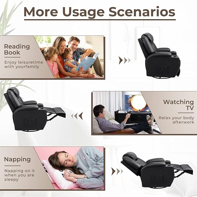 Furniwell Rocker Recliner Chair with Massage for Elderly Leather Adjustable 360°Swivel Rocking Sofa for Living Room with Remote Control Cup Holders (Black)