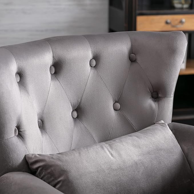 Accent Reading Arm Chairs Set of 2 for Living Room Bedroom Midcentury Modern Comfy Corner Sofa Chair Wingback Waiting Room Club Chair with Button Tufted Back &ampLumbar Pillow Velvet Grey