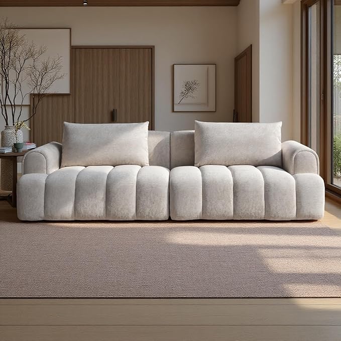Modern Couch Sofa for Living Room Oversized Sectional Sofa 4-Seater Comfy Teddy Velvet Upholstered Couch Lounge Sofa for Apartment Small Space Beige Sofa Couch