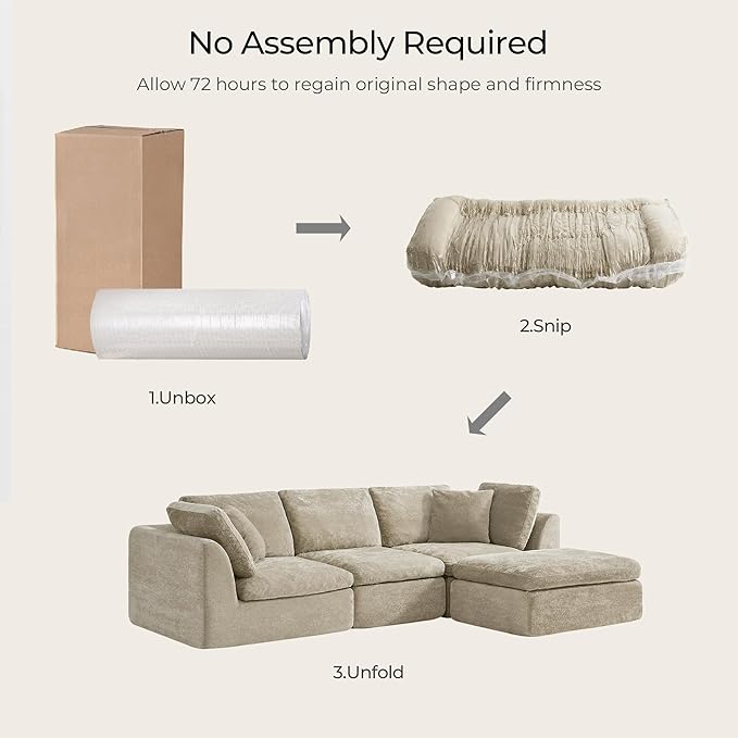CHITA 108 Cloud Sectional Couches for Living Room Boneless L-Shape Sofa with Ottoman 3 Seater Modular Sectional Sofa Brownish Gray