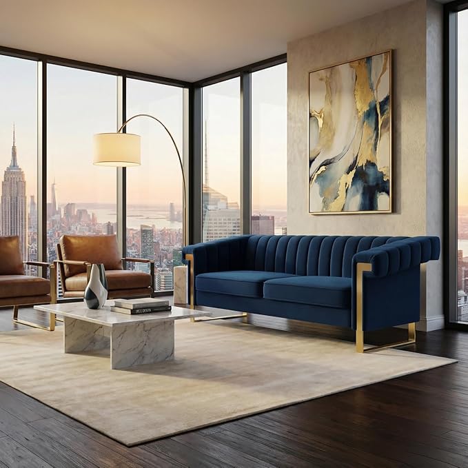 Luxury Velvet 3-Seater Sofa Mid-Century Modern Couch with Gold Metal Legs Waterfall Stitched Back Removable Cushions for Living Room Durable &amp Comfortable (Blue)