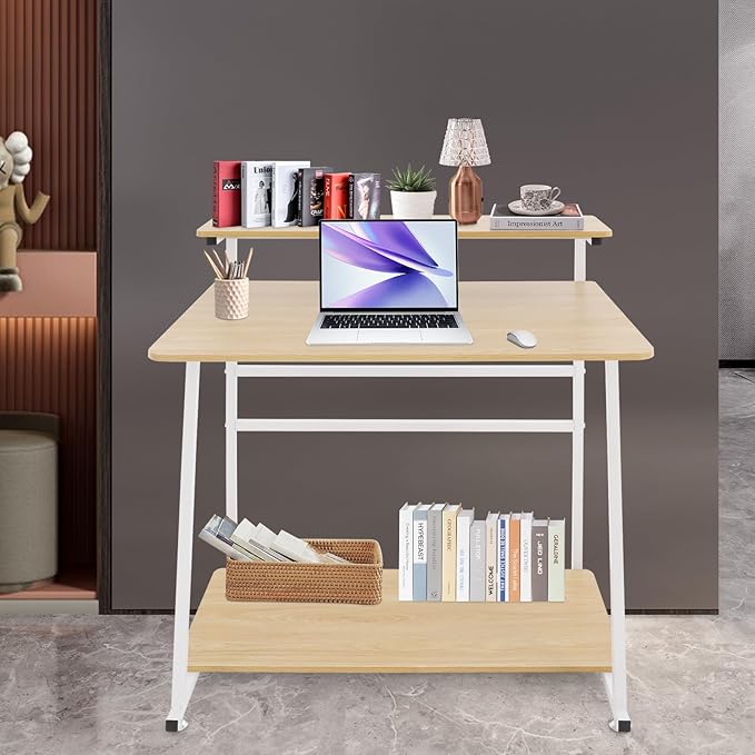 Home Office Desk3 Tier Rolling Computer Desk36inch Modern Home Desk Computer Desk Writing Table with Under Desk Storage Shelves for Home Office Study Bedroom (White+Log Color)