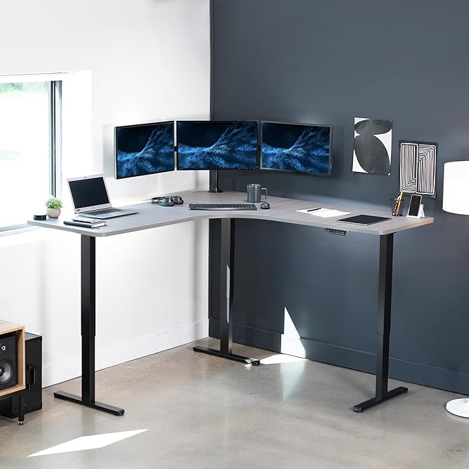 VIVO Electric Height Adjustable 71 x 71 inch Curved Corner Stand Up Desk Dark Gray Table Top Black Frame Memory Controller L-Shaped Workstation E3C Series DESK-KIT-E3CBG