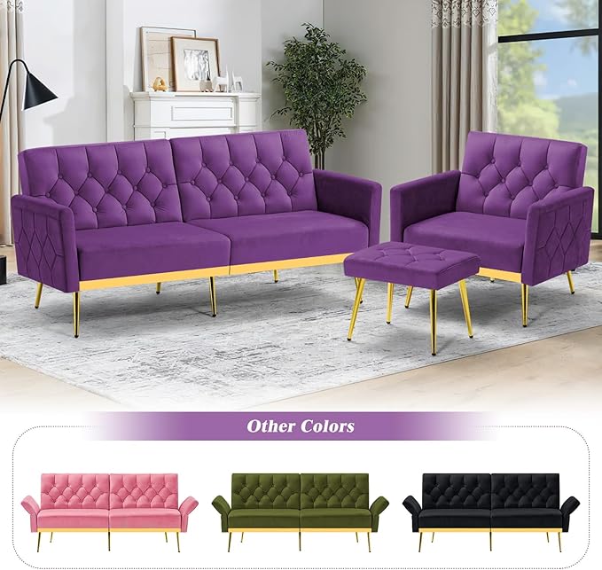 Velvet Sofa Bed w/Adjustable Armrests and Backrests Modern Convertible Sleeper Sofa Tufted Futon Sofa for Bedroom Living Room Apartment Purple