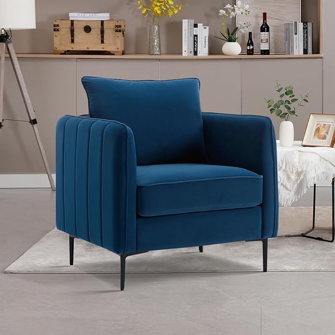 Blue Accent Chair for Living Room Modern Upholstered Accent Chair Comfy Velvet Armchair with Thick Cushion Single Sofa Arm Chairs for Bedroom Office Reading RoomClub (Blue)