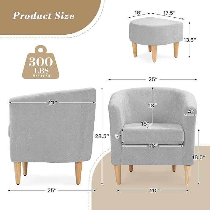 Athena Collection Modern Accent Chair with Ottoman Linen Barrel Sofa Chair Comfy Upholstered Armchair Reading Chair with Thickened Seat Cushion for Bedroom Living Room Gray