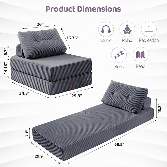 Folding Chair Bed Convertible Sofa Bed with PillowsFold Out Chair Bed with High-Density FoamChair Bed Sleeper for Adults Perfect for Living Room 、Hotel 、Apartment  Single Dark Gray