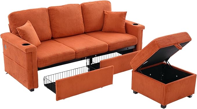 76'' Sectional Sofa Couches for Living Room 3 Seat L-Shaped Couch with Storage &amp Ottoman Corduroy Convertible Sofas with Chaise Apartment with USB Charging Cup Holder (Orange)