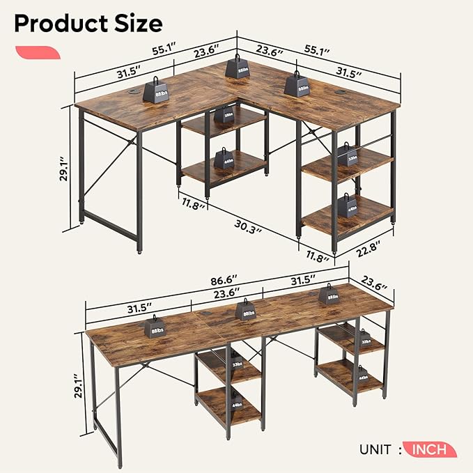 Bestier L Shaped Desk with Shelves 86.6 Inch Reversible Corner Computer Desk or 2 Person Long Table for Home Office Large Gaming Writing Storage Workstation P2 Board with 3 Cable Holes Rustic Brown