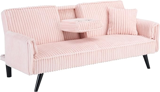 72'' Fabric Loveseat Sofa Comfy Corduroy Couch with 2 Embedded Teacup Holders 2 Seater Sofa with Adjustable Backrest Modern Small Convertible Futon Sofa Bed for Living Room Apartment (Pink)
