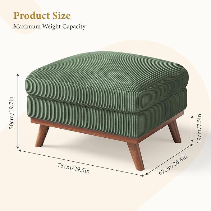 Vesgantti Large Ottoman for Modular Sofa 29.5 Corduroy Pouf Ottoman with Spring Cushion Rectangle Foot Rest for Couch Entrance Footstool with Wood Legs Footstool for Living Room Bedroom Green