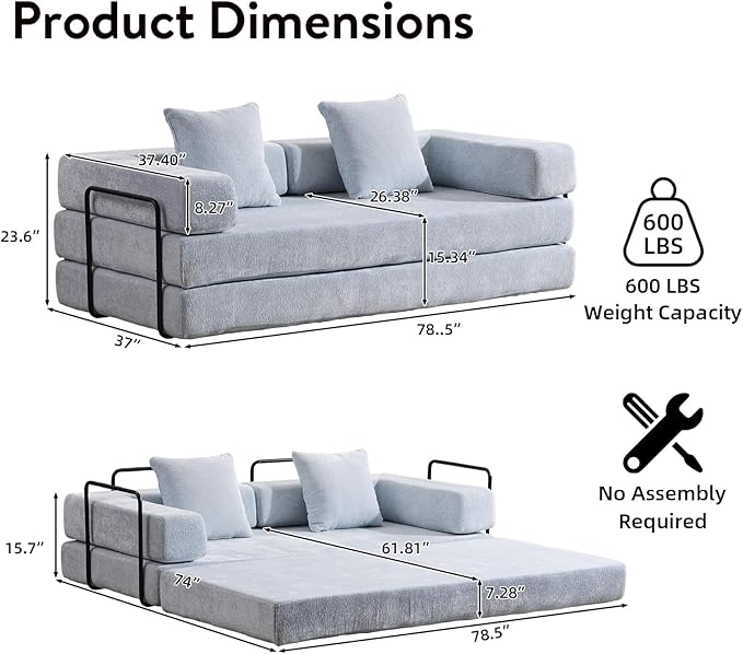 Folding Sofa Bed Convertible Sleeper Sofa Chenille Floor Couch with Pillows Fold Out Couch King Size Bed Futon  Foldable Memory Foam Mattress for Living Room Bedroom Playroom (Light Blue)