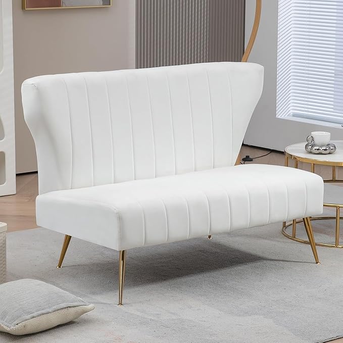 50’’ Armless Loveseat Sofa Comfy Upholstered Velet Small Couch Sofa with Gold Legs 2 Seater Tufted Modern Couch for Living Room Bedroom Apartment Small Space (White)