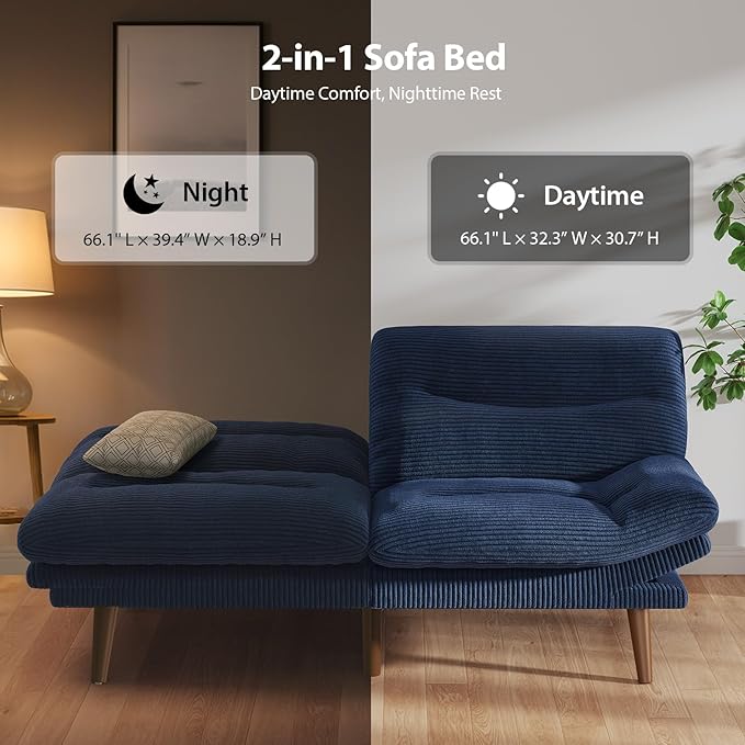 Pipishell Futon Sofa Bed Modern 66 Futon Couch Convertible to Bed &amp Lounger Compact Size Corduroy Loveseat Durable Construction - Fits Small Spaces ApartmentsStudy Room (Sky Blue 66 Inch)