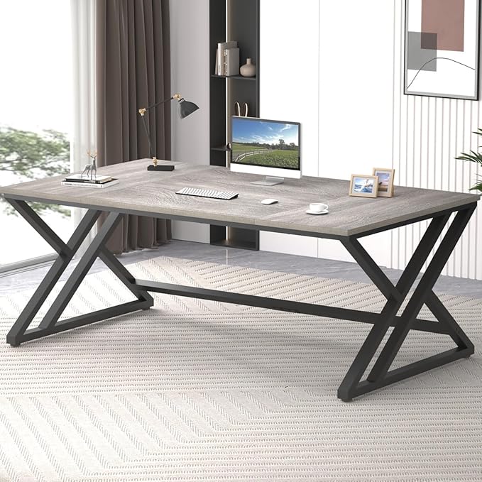 LVB 70.8 Long Office Desk Modern Large Wood Metal Computer Desk Industrial Double Workstation Desks for Two People Rustic PC Executive Work Study Writing Computer Table for Home Light Grey Oak