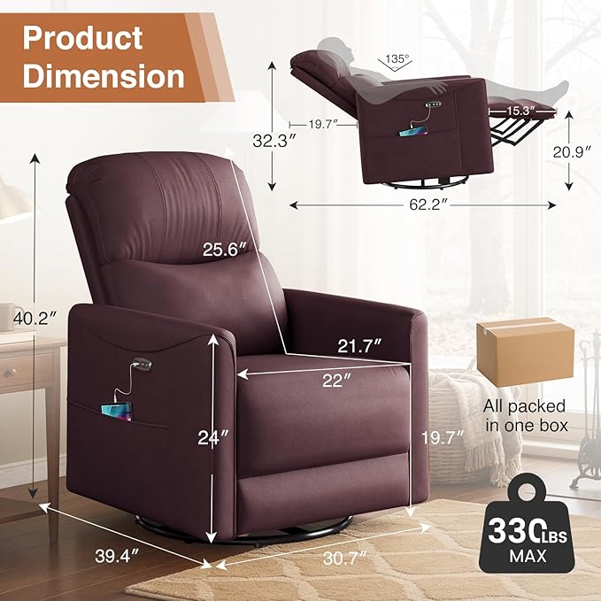 Kidirect Power Swivel Rocker Recliner 360° Swivel Recliner Chairs for Nursery Pu Leather Power Recliner Chair with USB Port and Side Pocket Electric Glider Rocking Chair for Living Room