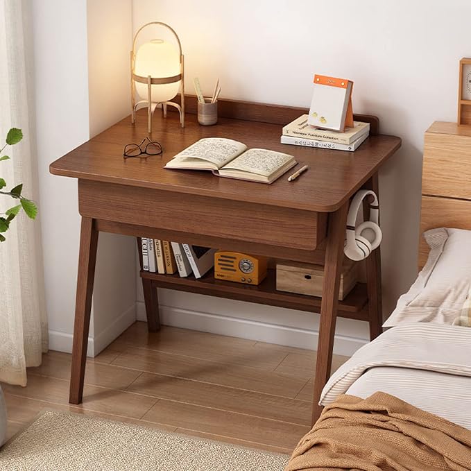 Computer Desk with Storage Shelf &amp Drawers Modern 24 inch Writing Desk Study Table Compact Laptop Desk for Small Space Home Office Walnut