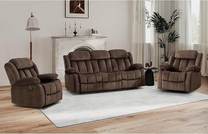EBELLO Manual Reclining Sofa Set Classic Recliner Sofa with Overstuffed Arms and Backrest Includes 2 Recliner Chair and 1 3-Seat Couch Brown