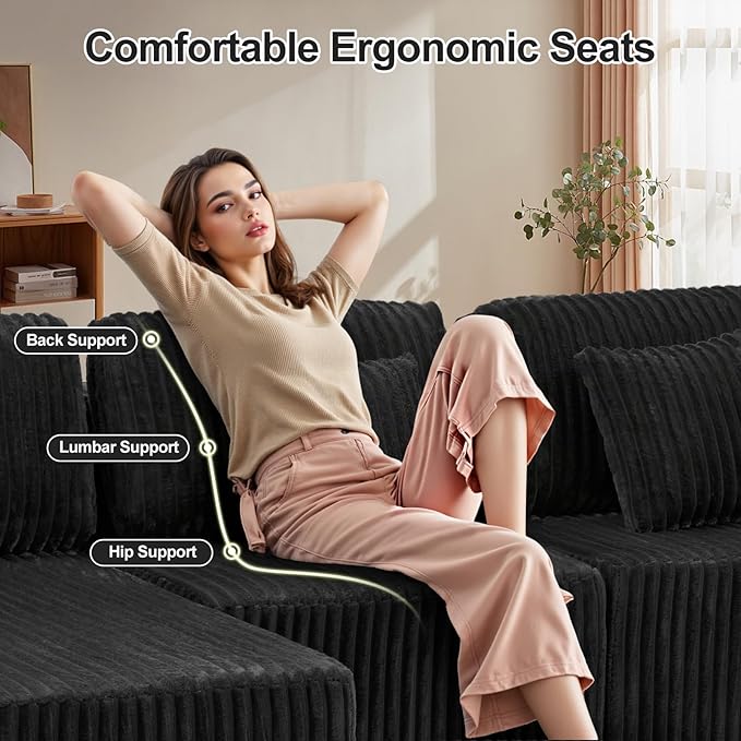 132 U Shaped Modular Sectional Sofa with Double Chaise Oversized Corduroy Floor Couch Deep Seat Frameless Living Room Set No Assembly Classic Black