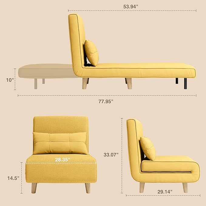 Aiho Futon Sofa Bed 3-in-1 Convertible Sleeper Chair Bed Futon Chair with 6-Level Adjustable Backrest and Pillow for Apartment Dorm Office Linen Yellow