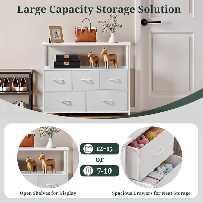 TV Stand 5 Fabric Drawers Dresser Entertainment Center for TV up to 45 inch Wooden Media Console Table Storage Organizer with Open Shelf for Living Room Bedroom or Small Space White