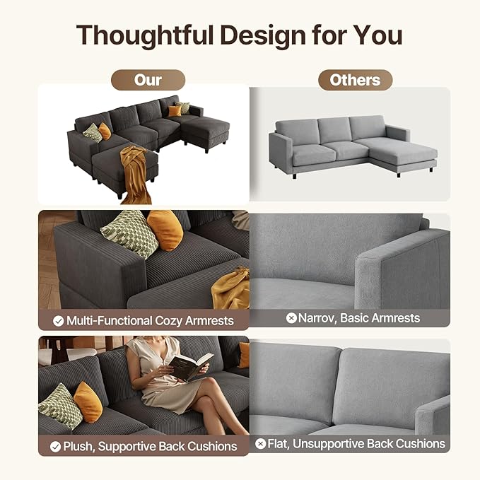 101 Inch Oversized Corduroy Sectional Sofa U Shaped Sectional Sofa with 2Ottomans 6 Seater Convertible Corduroy Sofa Comfortable Living Room Couch (Dark Gray 4 Seat with 2 Ottoman)