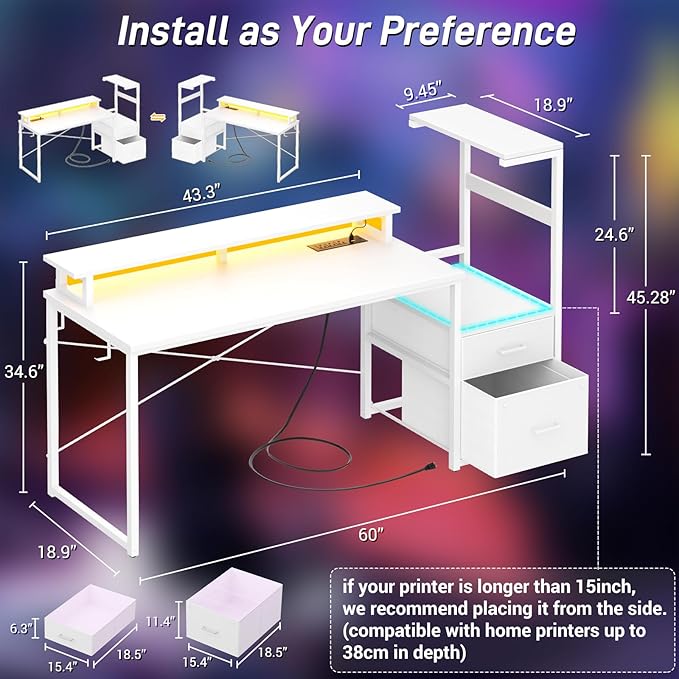 Aheaplus Gaming Desk with LED Strip &amp Power Outlet 59Inch Reversible Computer Desk with Monitor Stand &amp Storage Shelves Home Office Desks with Fabric File Drawer Gamer Table PC Desk White