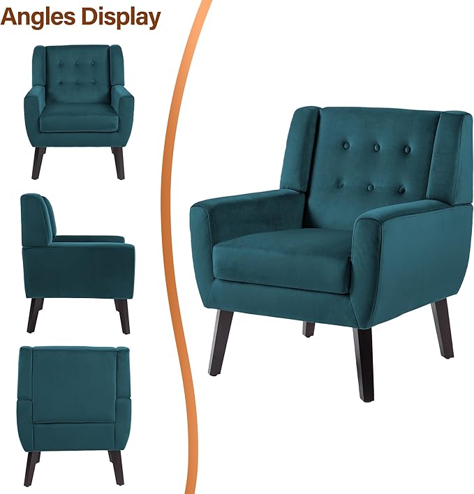 Lumibee Accent Chair Modern Velevet Armchair for Living Room Comfy Upholstered Arm Chair Tufted for Indoor Bedroom Office Room (Blue Velvet)