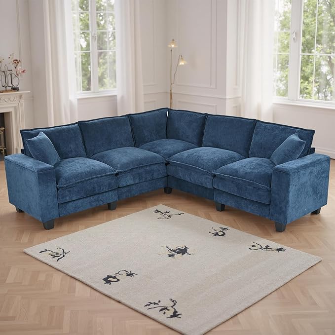 97 L Shaped Couch Corner Sofa 5 Seater Oversized Cloud Couch with 2 Pillows Chenille Modular Sectional Sofa Armrests with Two Hidden Storage Space Sectional Couches for Living Room Dark Blue
