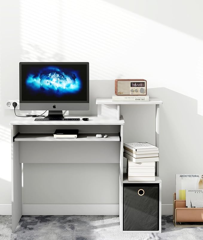 Computer Desk with Storage Working Desk with Keyboard Drawer for Bedroom Home Workstation for Writing Working Studying White