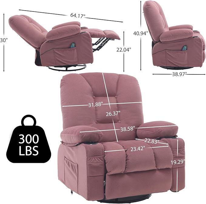 Rocker Recliner Chairs for Adults Swivel Recliners with Massage and Heat Fabric Overstuffed Glider with Cup Holder Rocking Nursery Chair Manual Reclining Single Sofa for Living RoomPink