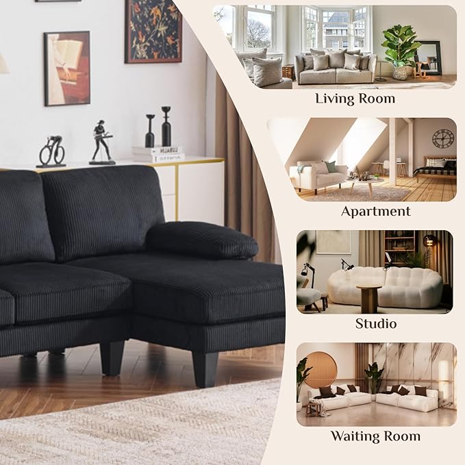 Karl home U-Shape Sectional Sofa Couch 111 Modern 4-Seat Sofa with Chaises Corduroy Fabric Upholstered Covertible Couch with Wood Grain Legs for Living Room Reception Room Apartment Black