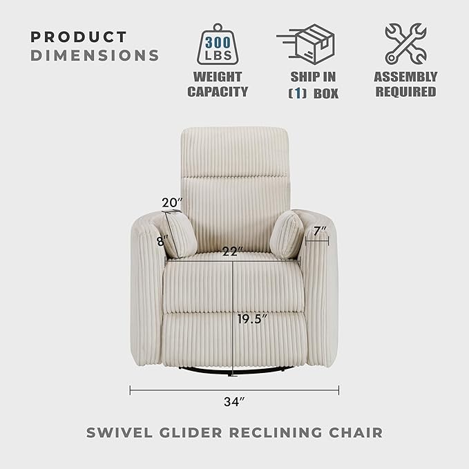 Lexicon Modern Swivel Glider Recliner Chair Nursery Glider Corduroy Fabric Upholstery Recliner with 2 Lumbar Pillows Manual Reclining Sofa Chair for Living Room/Office/Apartment Beige