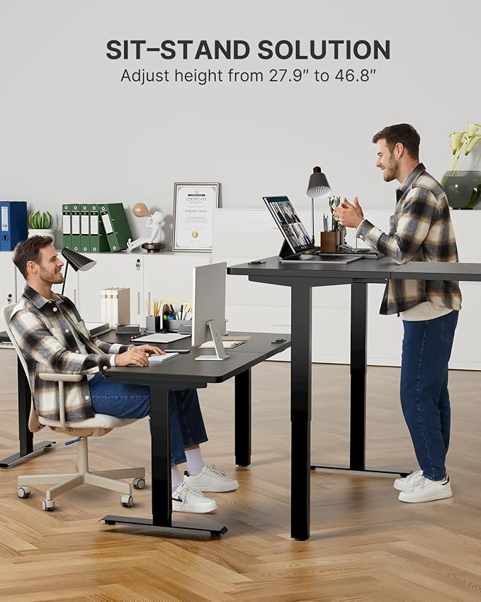 Marsail Corner Stand Up Desk Adjustable Height with 4-in 1 Electical Outlet L Shaped Electric Standing Desk with Headphone Hook Stand up Desk for Home Office Sturdy Writing Workstation Black