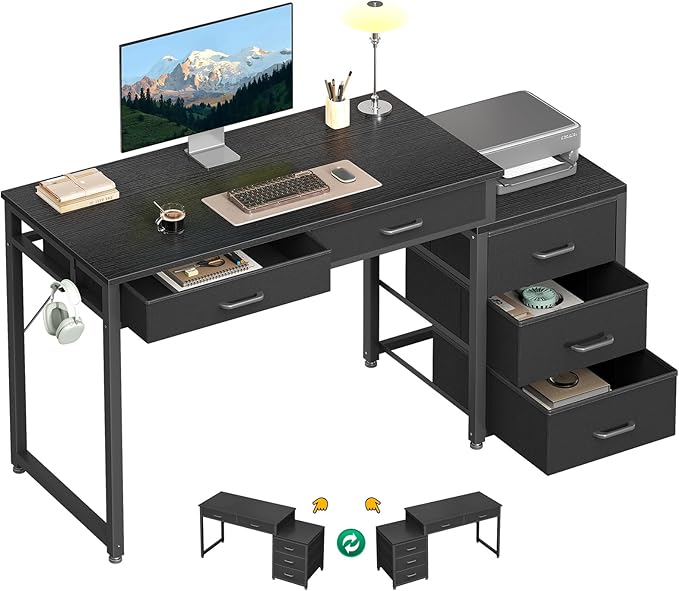 ODK Computer Desk with 5 Drawers 53 Inch Office Desk with Printer Shelf Reversible Gaming Desk for Home Bedroom Writing Table Desk with Headphone Hook for Storage Black
