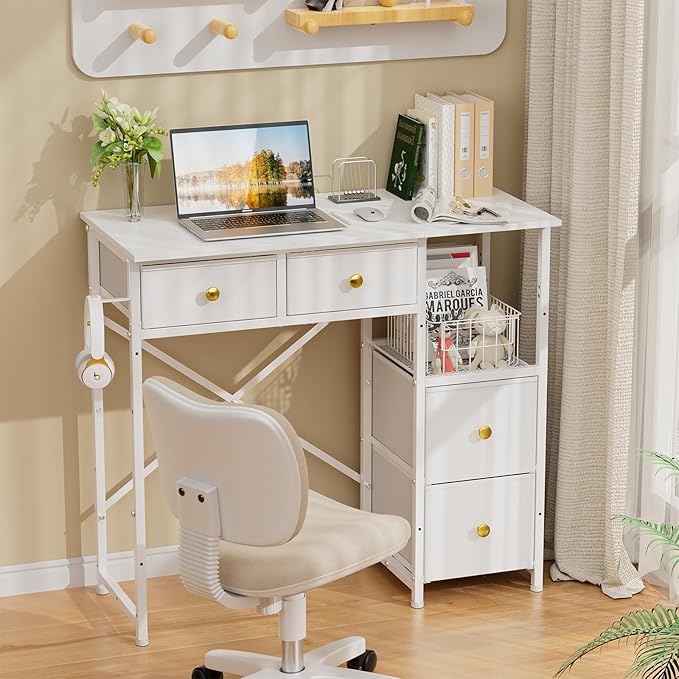 Small Computer Desk with 4 Fabric Drawers Simple Writing Desk for Home Office Compact Study Desks for Small Spaces Kids Desk Study for Bedroom White