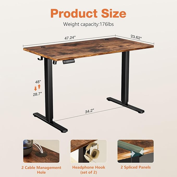 Sweetcrispy Electric Standing Desk Adjustable Height 48x24 Inch Sit Stand Up Home Office Desks Computer Workstation PC Work Table with 3 Memory Preset Splice Wood Board Metal Frame Rustic