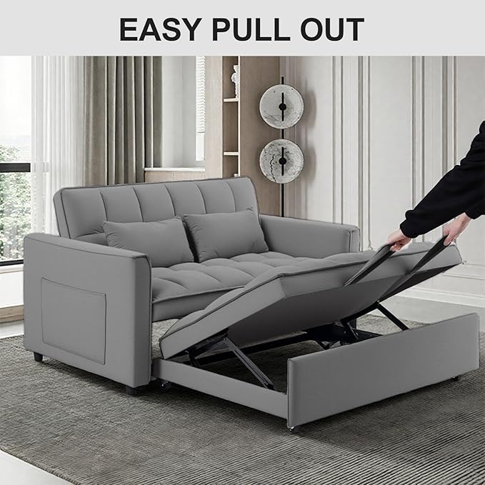 3 in 1 Pull Out Sofa Bed 52.75 Sleeper Sofa Bed with 3-Level Adjustable Backrest Velvet Fabric Loveseat Sleeper Couch for Living Room &amp Bedroom &amp Apartment &amp Dorm Furniture Dark Grey