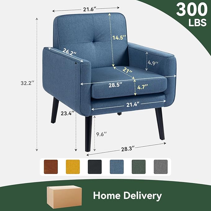 Mid Century Accent Chair Fabric Modern Chair with Wooden Frame Cozy Armchair Reading Chair with Comfy Back for Apartment Living Room Bedroom Waiting Room Small Space Corner Blue