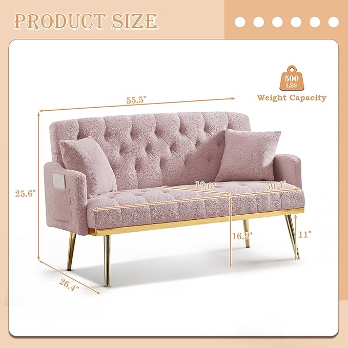 Small Loveseat Sofa 55.5-inch Modern Sofa Couch with with 2 Side Pockets Modern Tufted Sofa with Golden Metal Legs Upholstered Space Saving Love Seat for Living Room Bedroom Office Pink Teddy