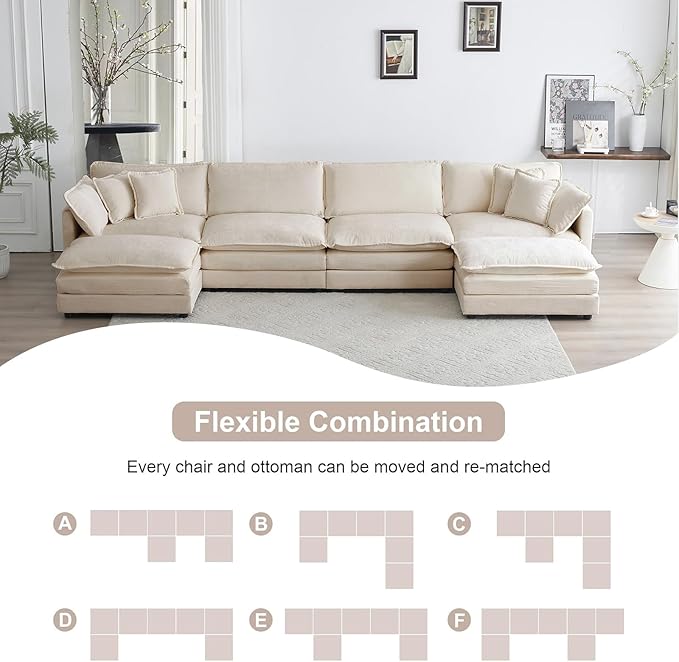 111.5 Modular Sectional Sofa U Shaped Deep Seat Cloud Couch with OttomanConvertible 3-Seater Comfy Chenille Upholstered Sofa Set for Living Room Apartment Studio – Light Coffee