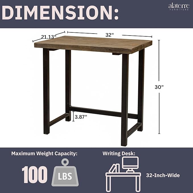 Pomona 32-Inch Compact Writing Desk with Solid Wood Top and Metal Frame – Rustic Industrial Style Small Home Office Desk with Durable Lacquer Finish and Floor Levelers by Alaterre Furniture (Natural)
