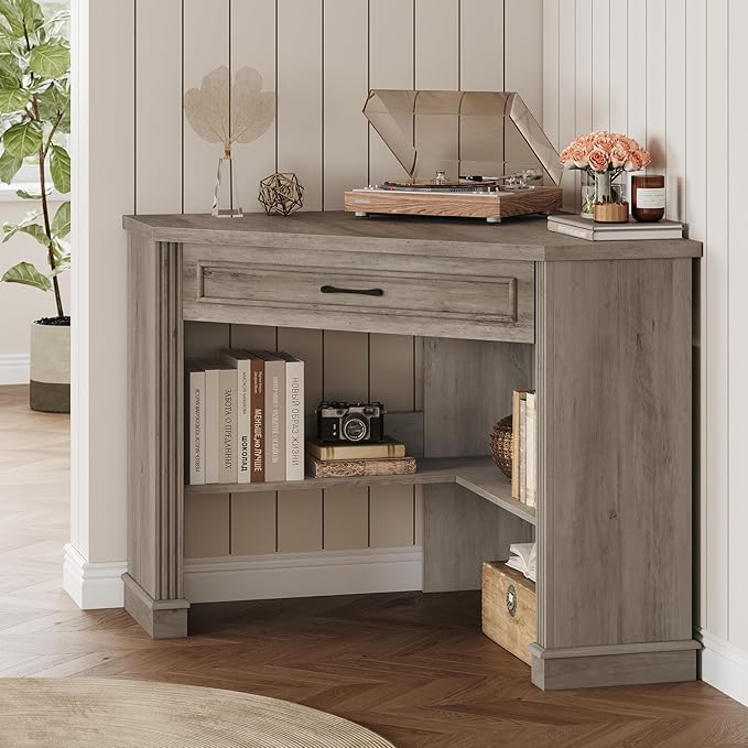 SEDETA 31.5 Small Corner Desk Corner Desk for Small Space Farmhouse Computer Desk with Drawers Triangle Computer Desk with Storage Shelves for Home Office Living Room Bedroom Gray
