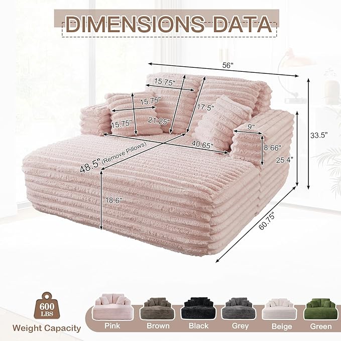 56 Oversized Chaise Lounge Chair IndoorPlush Faux Fur Sleeper Sofa Couch Bed with Pillows&ampWide ArmrestsFluffy Comfy Cloud CouchCompression Foam Couch for Living RoomBedroom(Pink)