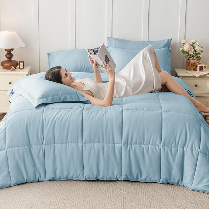 JOLLYVOGUE King Comforter Set Ultra-Soft Bed in a Bag King Size 7 Pieces Oeko-TEX Certified Bedding Set with Down Alternative Comforter Sheets Pillowcases &amp Shams Lake Blue