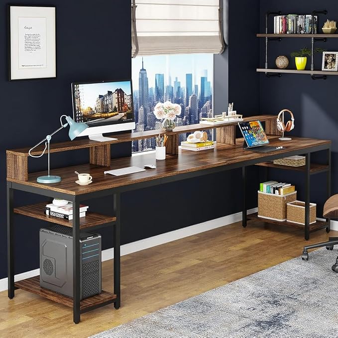 Home Double Computer Desk 78 Inch Double Desk with Open Storage Shelves Large Writing Desk Corporate Workstation for Home Office Brown