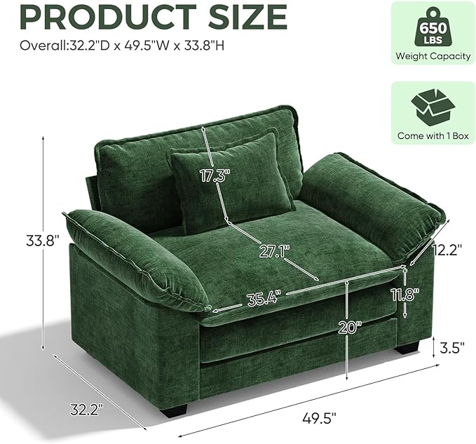 HUSFU 49.5'' W Oversized Accent Chair Chenille Cloud Sofa Chair with Deep Seat and Extra Wide Armrests Comfy Reading Armchair for Bedroom Living Room Set of 2 Green