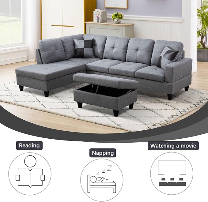 L-Shaped 3-Piece Linen Sofa with Storage Ottoman Set Sectional Couch Sofa Set for Living Room Office Small Space Grey