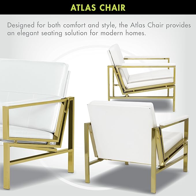 Atlas Modern Accent Chair in Blended Leather Gold Chrome/White